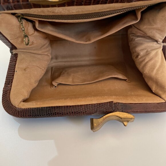 Vintage Genuine Brown Lizard Reptile Skin Leather Handbag Purse Satchel - Picture 6 of 7